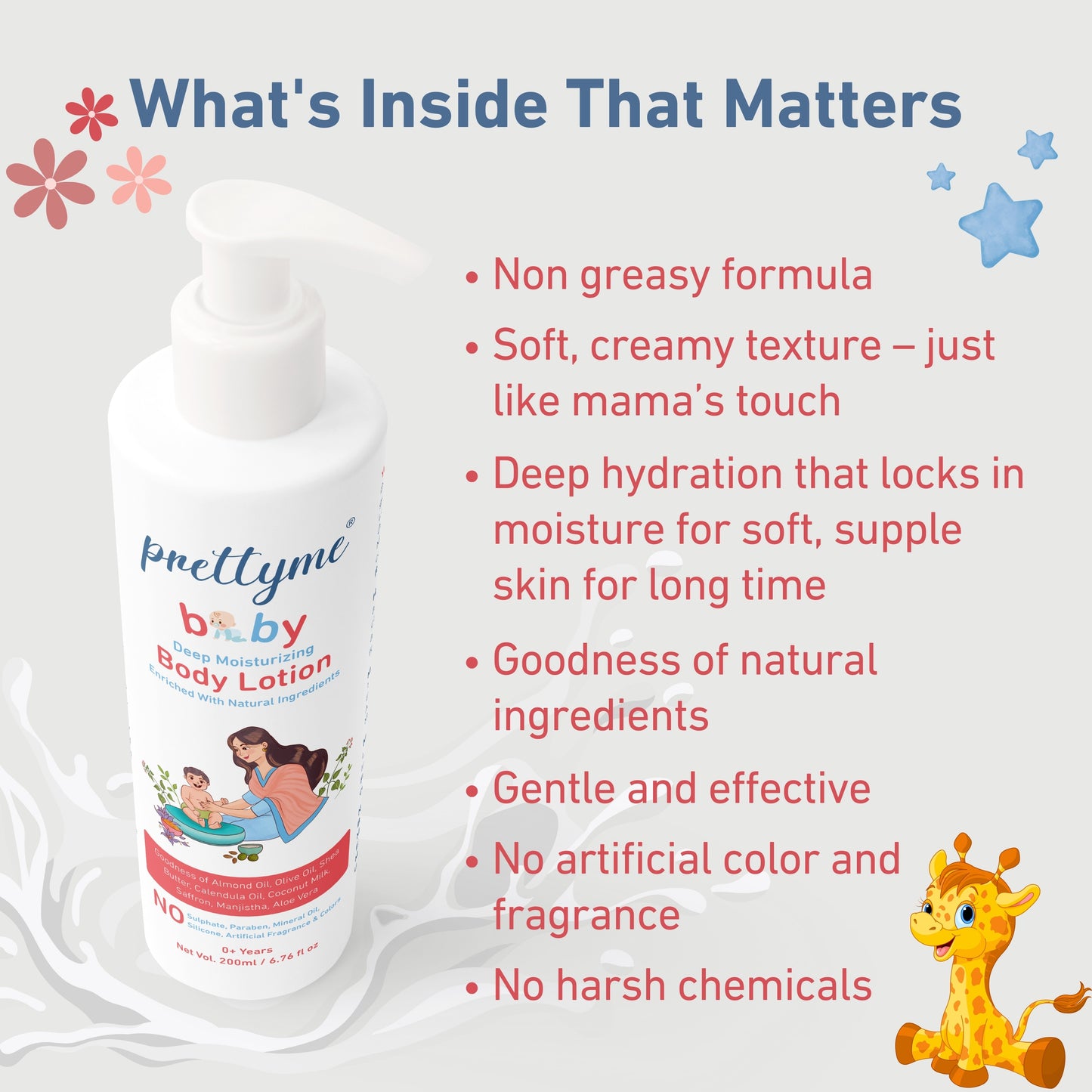 Natural baby body lotion, gentle and moisturizing formula for soft, sensitive skin, enriched with organic ingredients for all-day hydration and protection.
