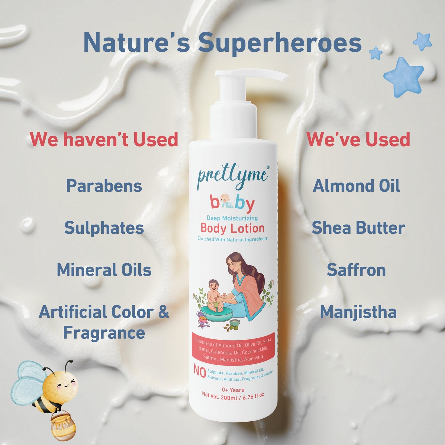Natural baby body lotion, gentle and moisturizing formula for soft, sensitive skin, enriched with organic ingredients for all-day hydration and protection.