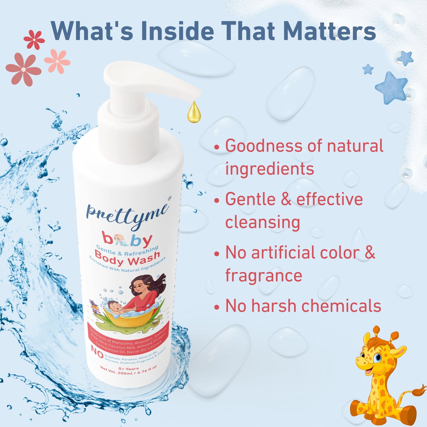 Natural baby body wash, gentle and tear-free formula for soft, sensitive skin, cleanses and nourishes with organic, chemical-free ingredients