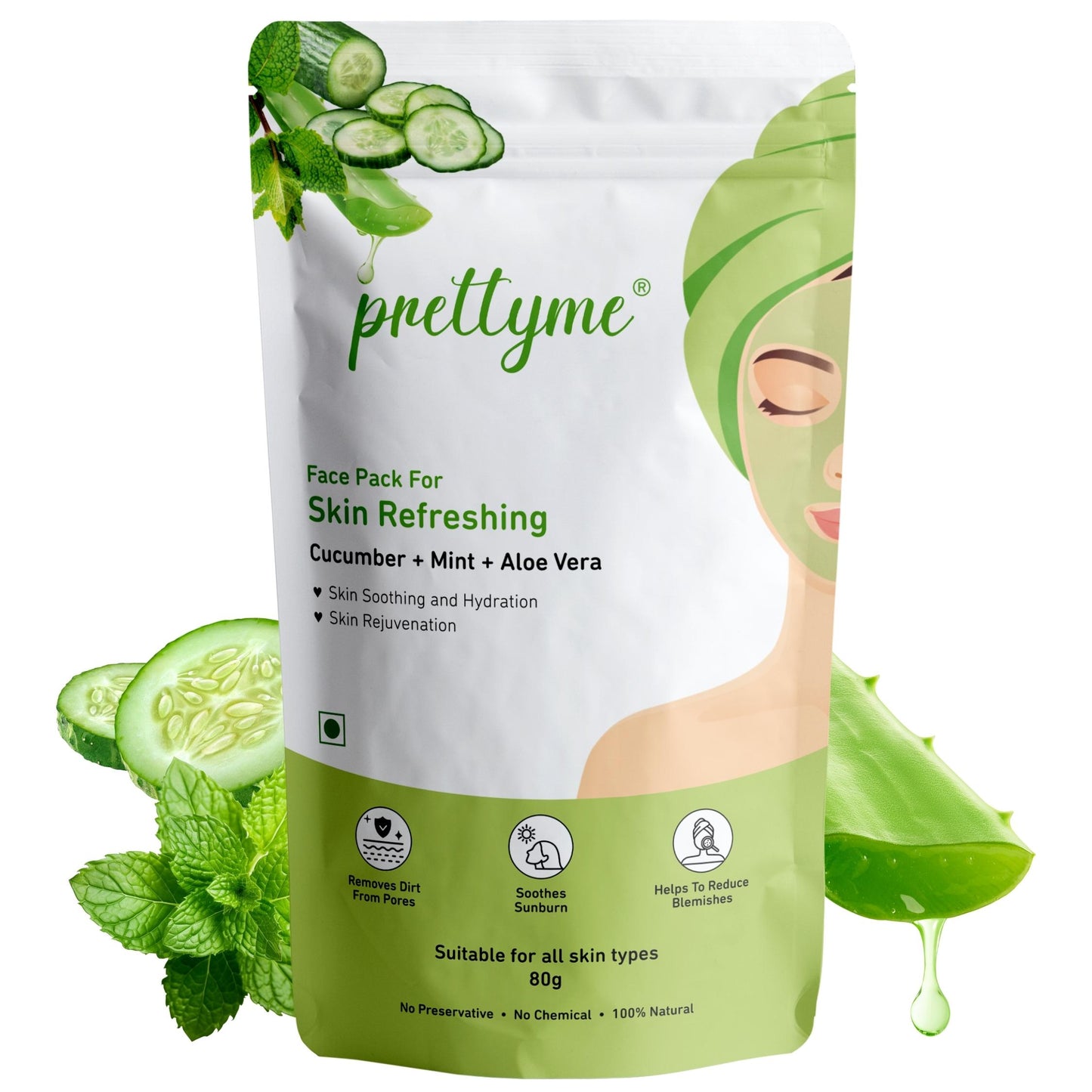 Prettyme Cucumber, Mint, Multani Mitti & Aloe Vera Powder Face Pack for Skin Refresh & Hydration