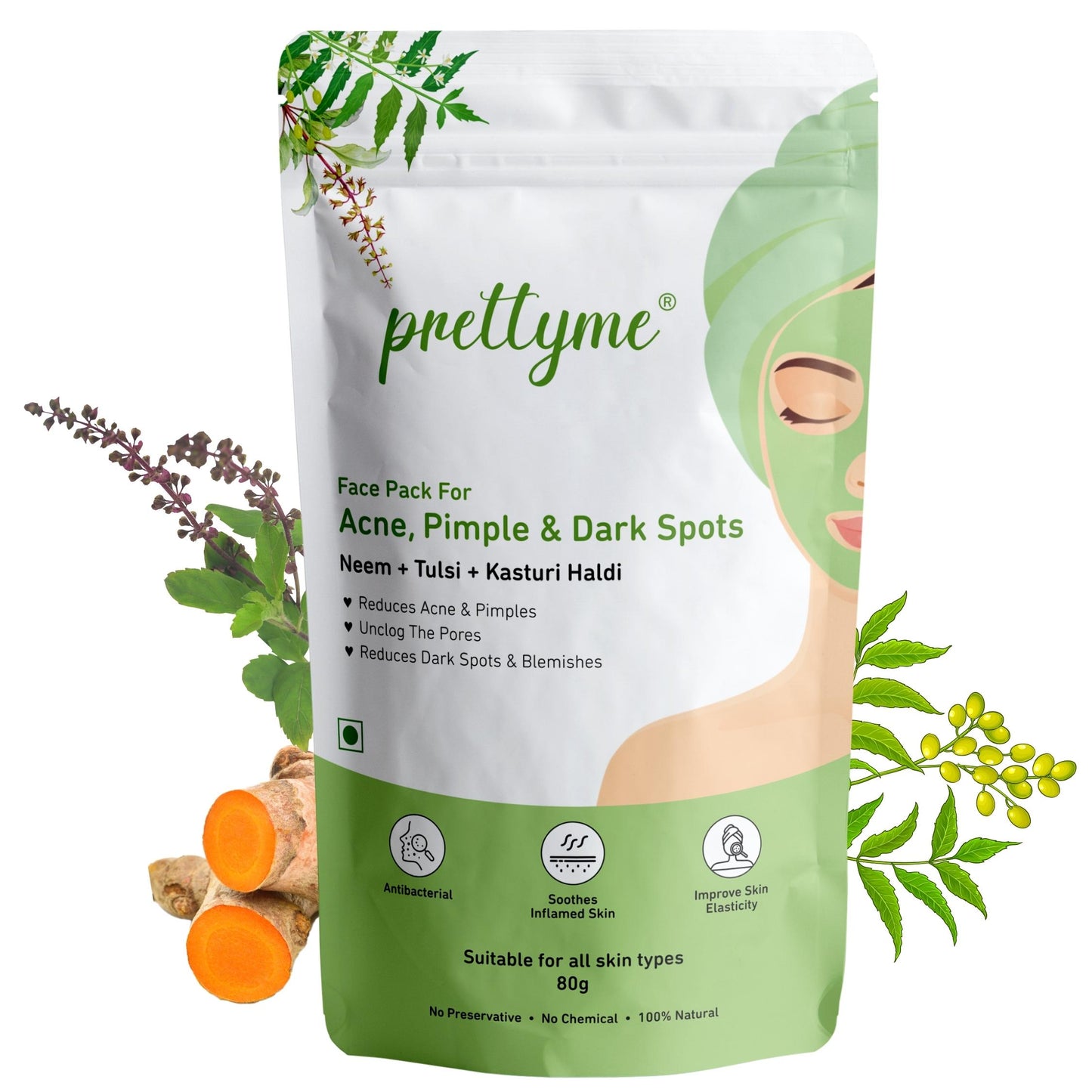 Prettyme Neem, Tulsi & Kasturi Haldi Powder Face Pack for Acne Pimple Free Skin