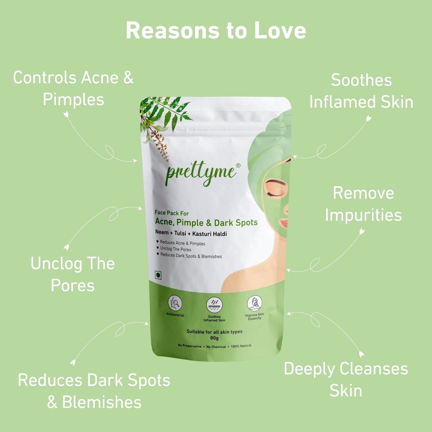 Prettyme Neem, Tulsi & Kasturi Haldi Powder Face Pack for Acne Pimple Free Skin