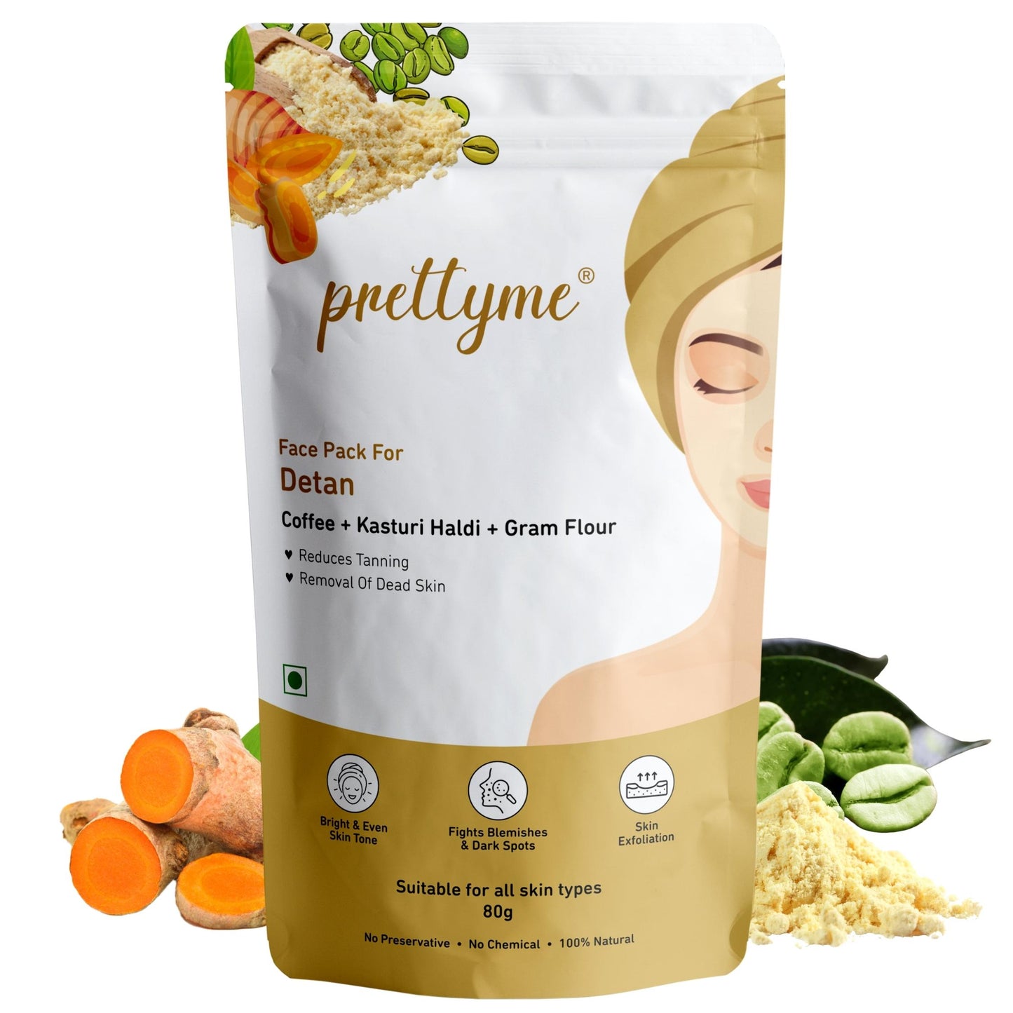 Prettyme Coffee, Gram Flour/Besan & Turmeric Powder Face Pack For Detan or Tan Removal