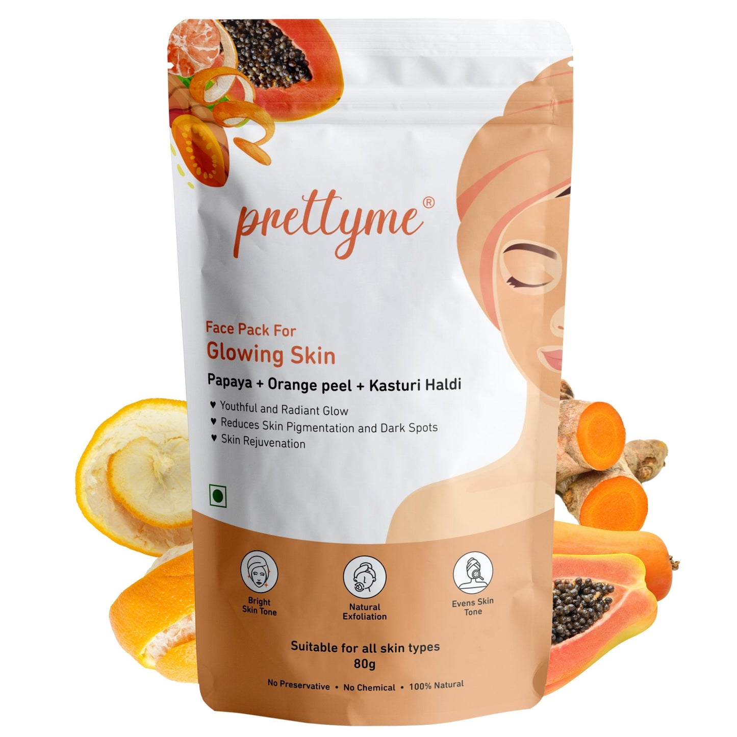 Prettyme Papaya, Kasturi Haldi & Orange Peel Powder Face Pack For Glowing Skin