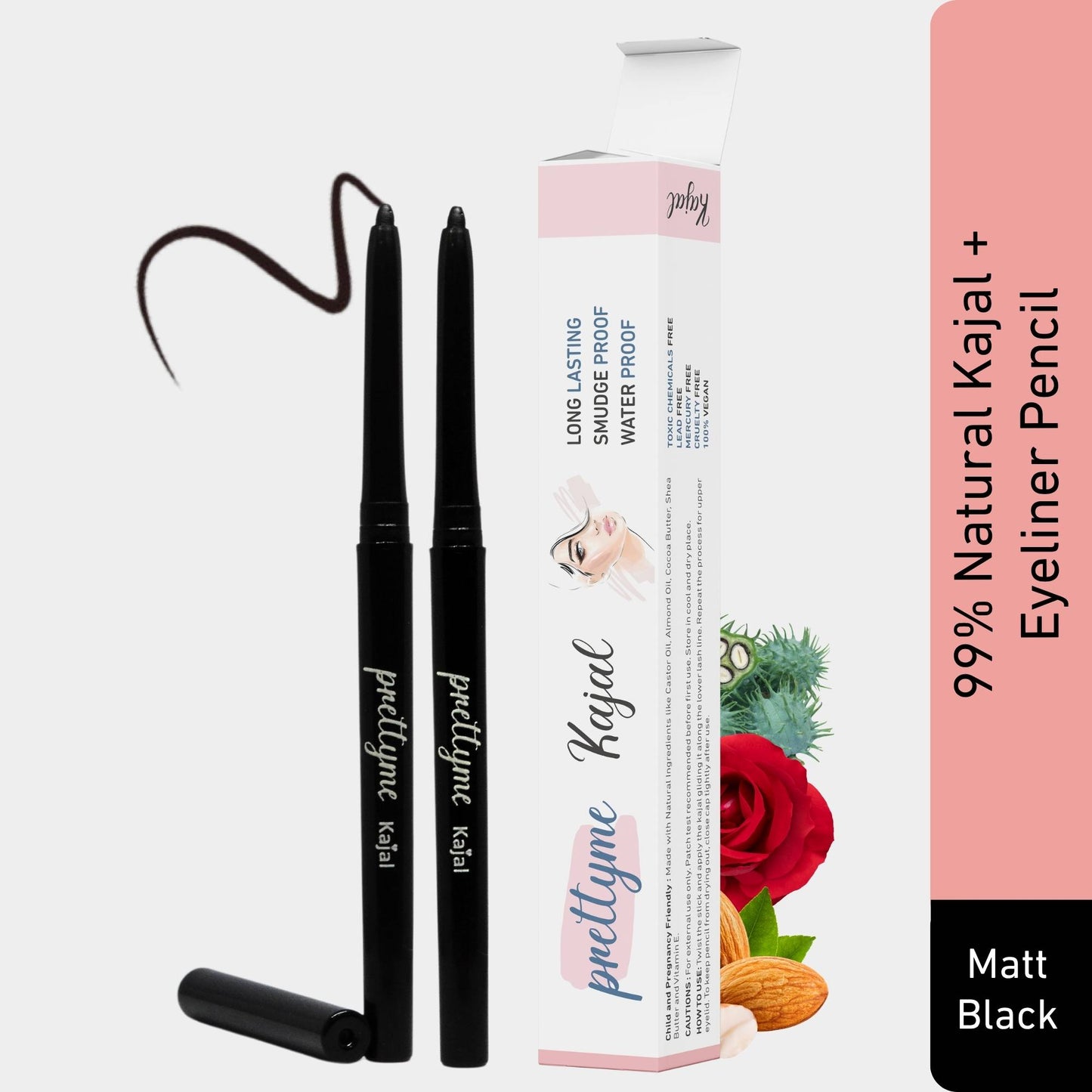 Prettyme Black Kajal Pencil + Kajal Eyeliner | 99% Natural Ingredients