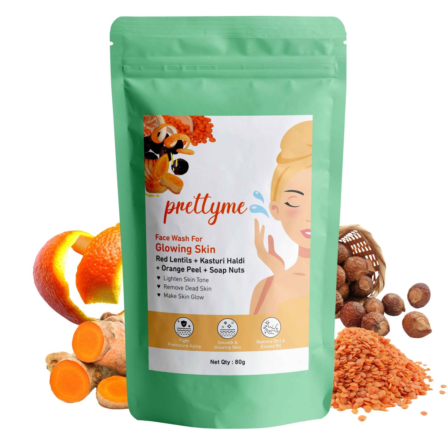 Prettyme Red Lentils, Kasturi Haldi & Orange Peel Powder Face Wash For Glowing Skin
