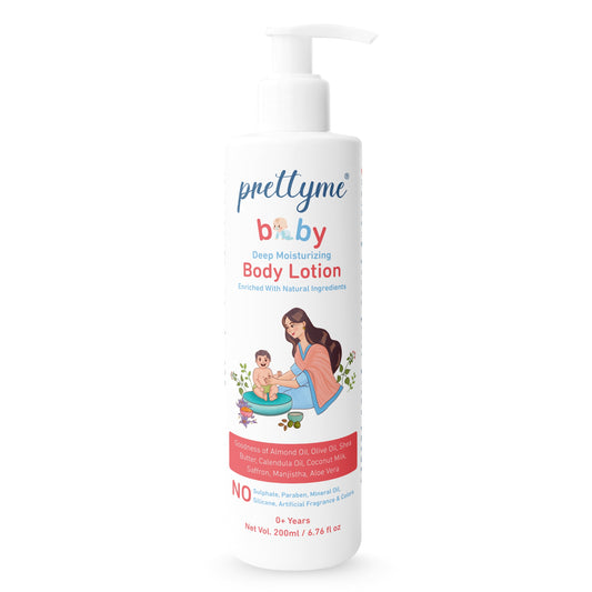 Natural baby body lotion, gentle and moisturizing formula for soft, sensitive skin, enriched with organic ingredients for all-day hydration and protection.