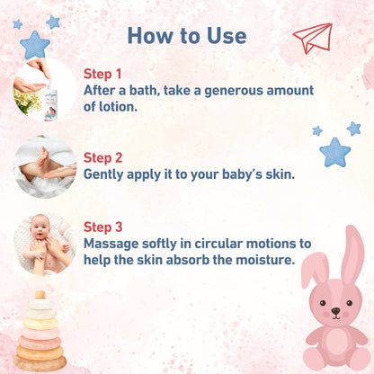 Natural baby body lotion, gentle and moisturizing formula for soft, sensitive skin, enriched with organic ingredients for all-day hydration and protection.
