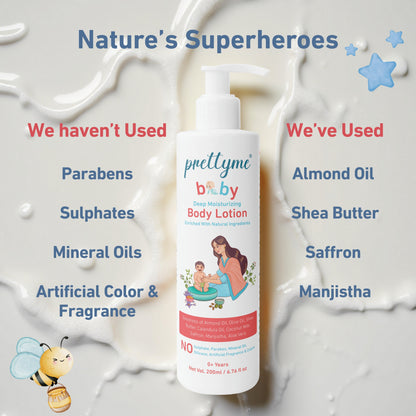 Natural baby body lotion, gentle and moisturizing formula for soft, sensitive skin, enriched with organic ingredients for all-day hydration and protection.