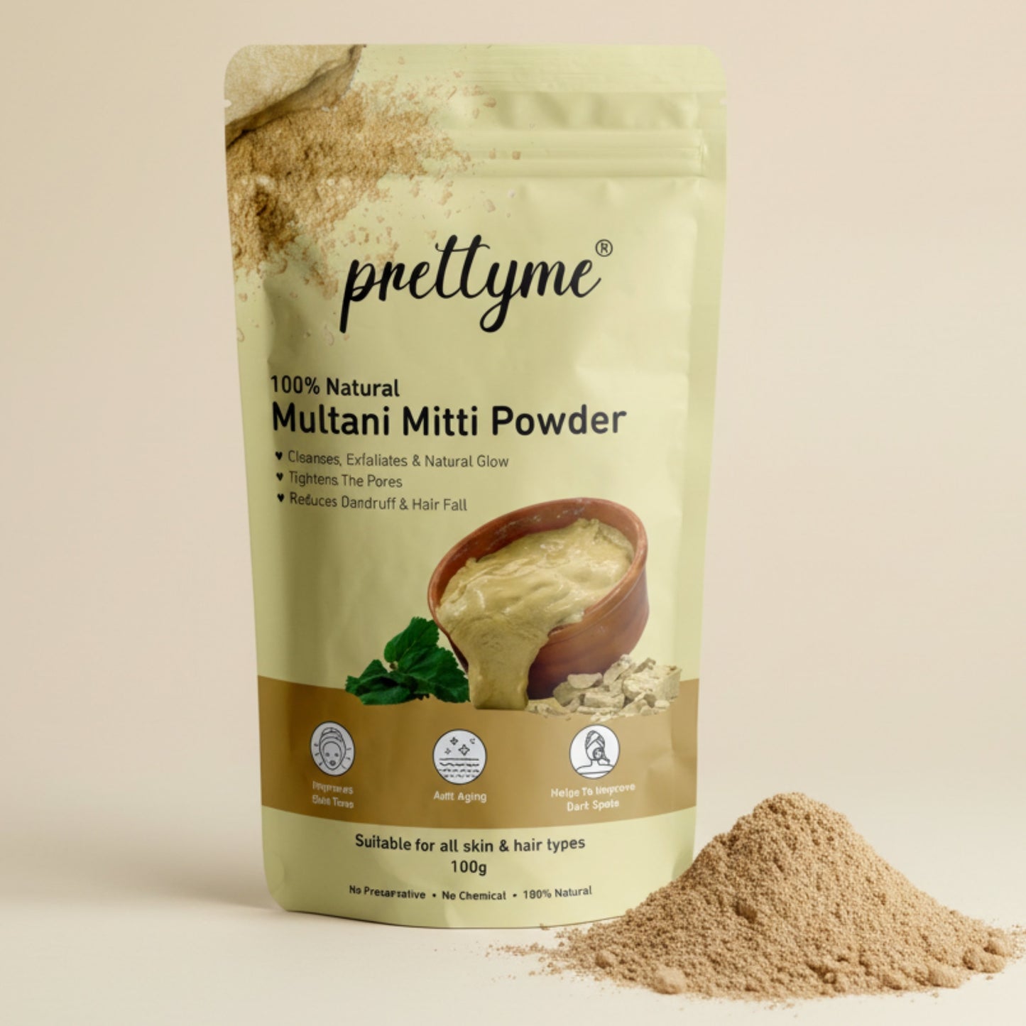 100% Natural Multani Mitti Powder by Prettyme - Fuller's Earth Clay for Face and Hair