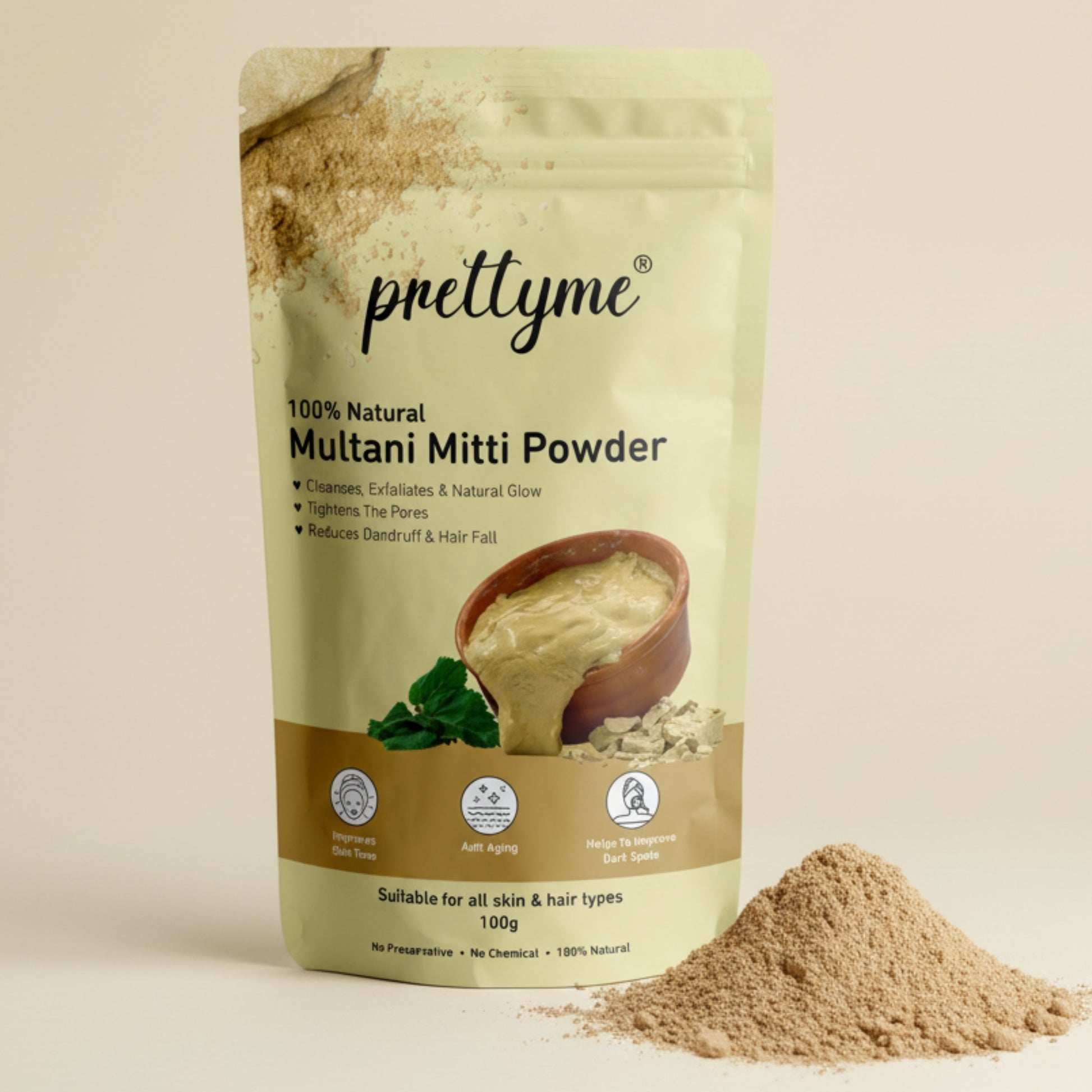100% Natural Multani Mitti Powder by Prettyme - Fuller's Earth Clay for Face and Hair