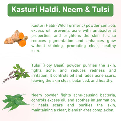 natural powder face pack for acne-prone and pimple-prone skin, reduces blemishes, controls excess oil, and soothes irritated skin with organic ingredients
