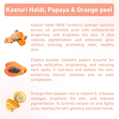 natural powder face pack for glowing skin, brightens complexion, evens skin tone, and nourishes with organic ingredients for a radiant look